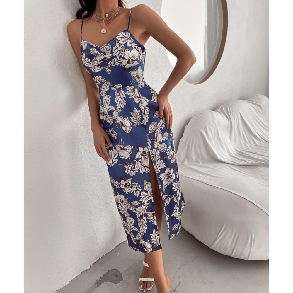 Satin Floral Print Side Slit Slip Dress Size L